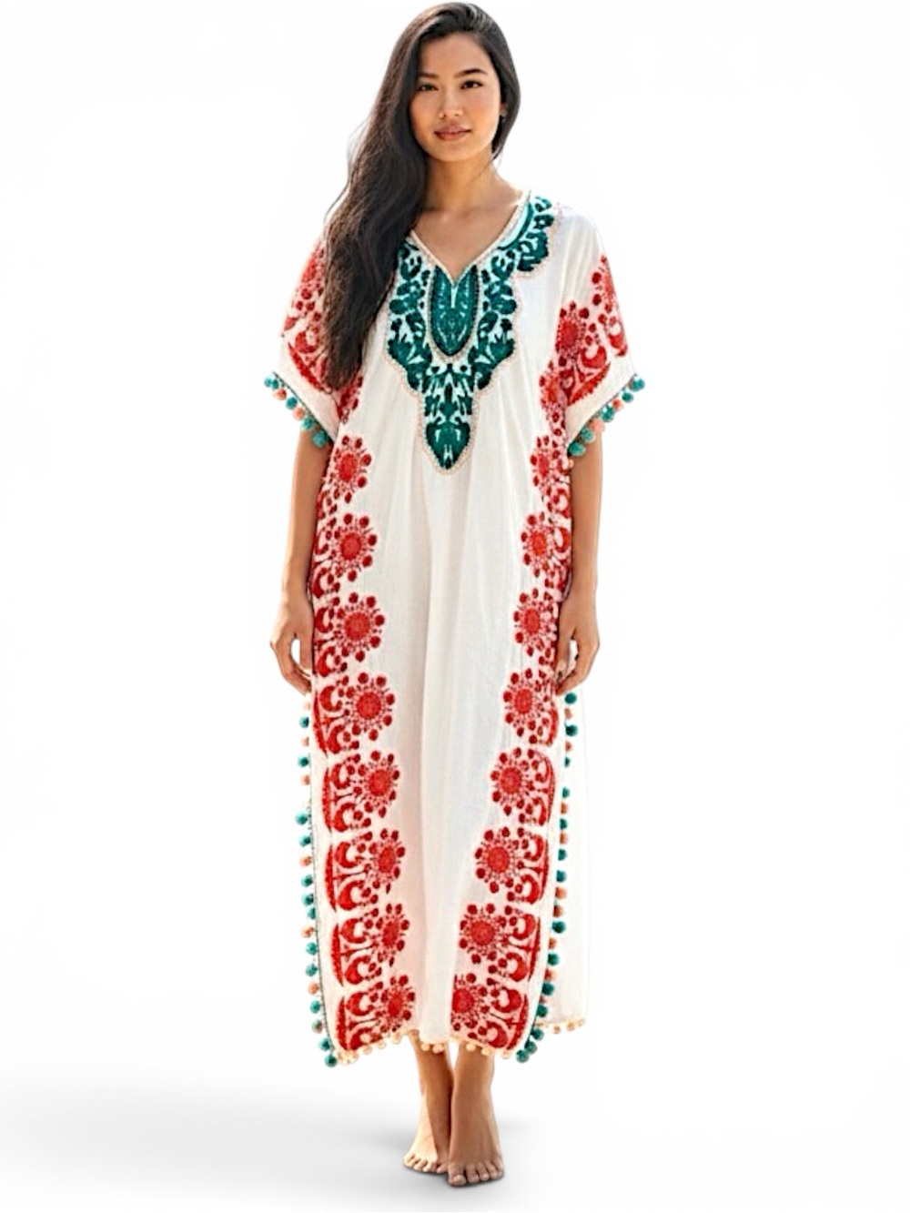 Antica Sartoria White Embroidered Caftan Cover Up Maxi Dress Pom Pom NWOT